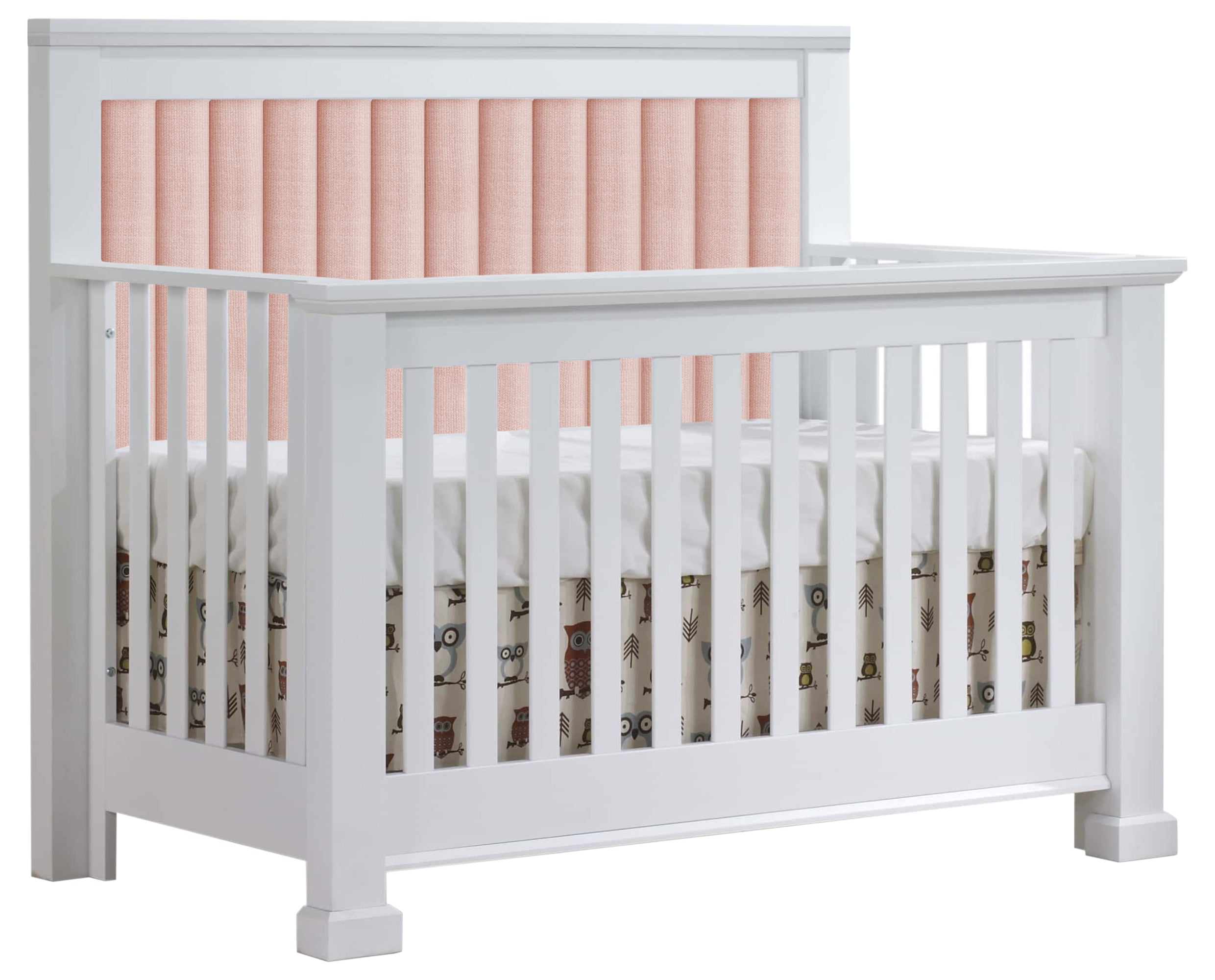 White Birch with Blush Fabric | Taylor 5-in-1 Convertible Crib w/Upholstered Headboard Panel | Valley Ridge Furniture