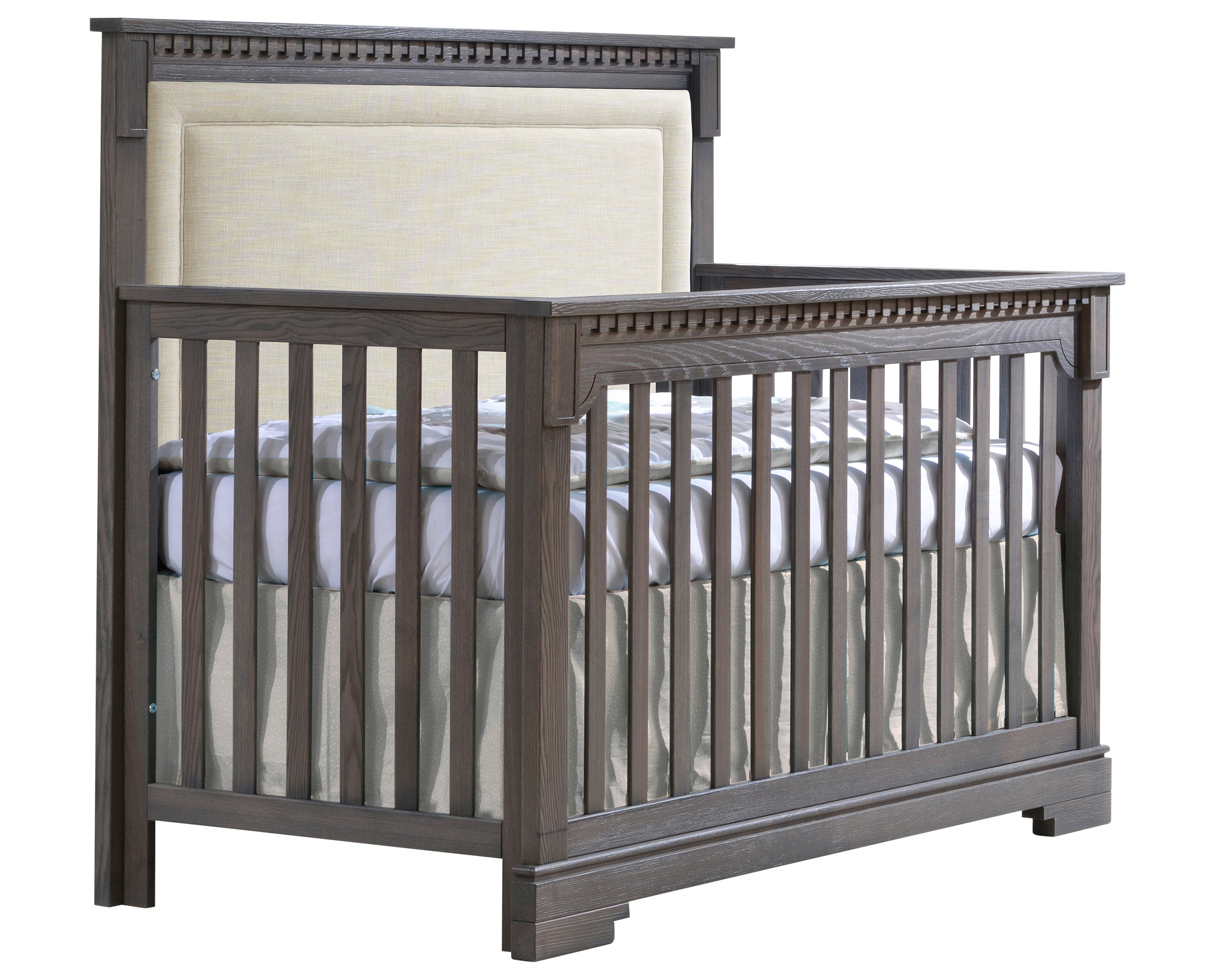 Grigio Brushed Oak with Talc Fabric | Ithaca 5-in-1 Convertible Crib w/Upholstered Headboard Panel | Valley Ridge Furniture