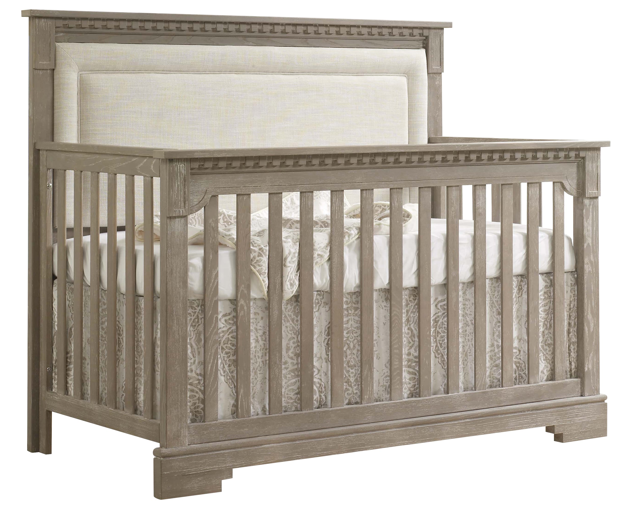 Sugar Cane Brushed Oak with Talc Fabric | Ithaca 5-in-1 Convertible Crib w/Upholstered Headboard Panel | Valley Ridge Furniture