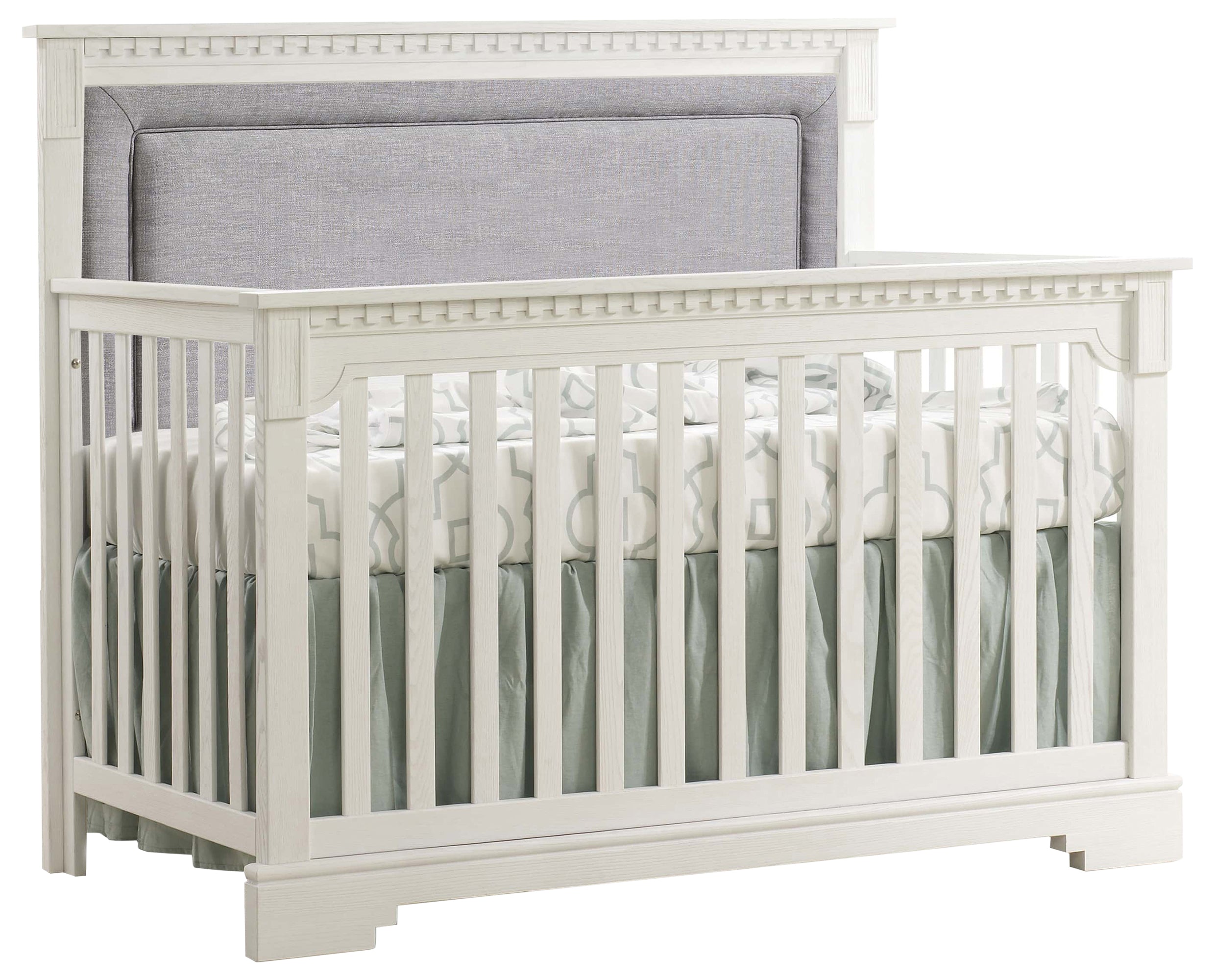 White Brushed Oak with Fog Fabric | Ithaca 5-in-1 Convertible Crib w/Upholstered Headboard Panel | Valley Ridge Furniture