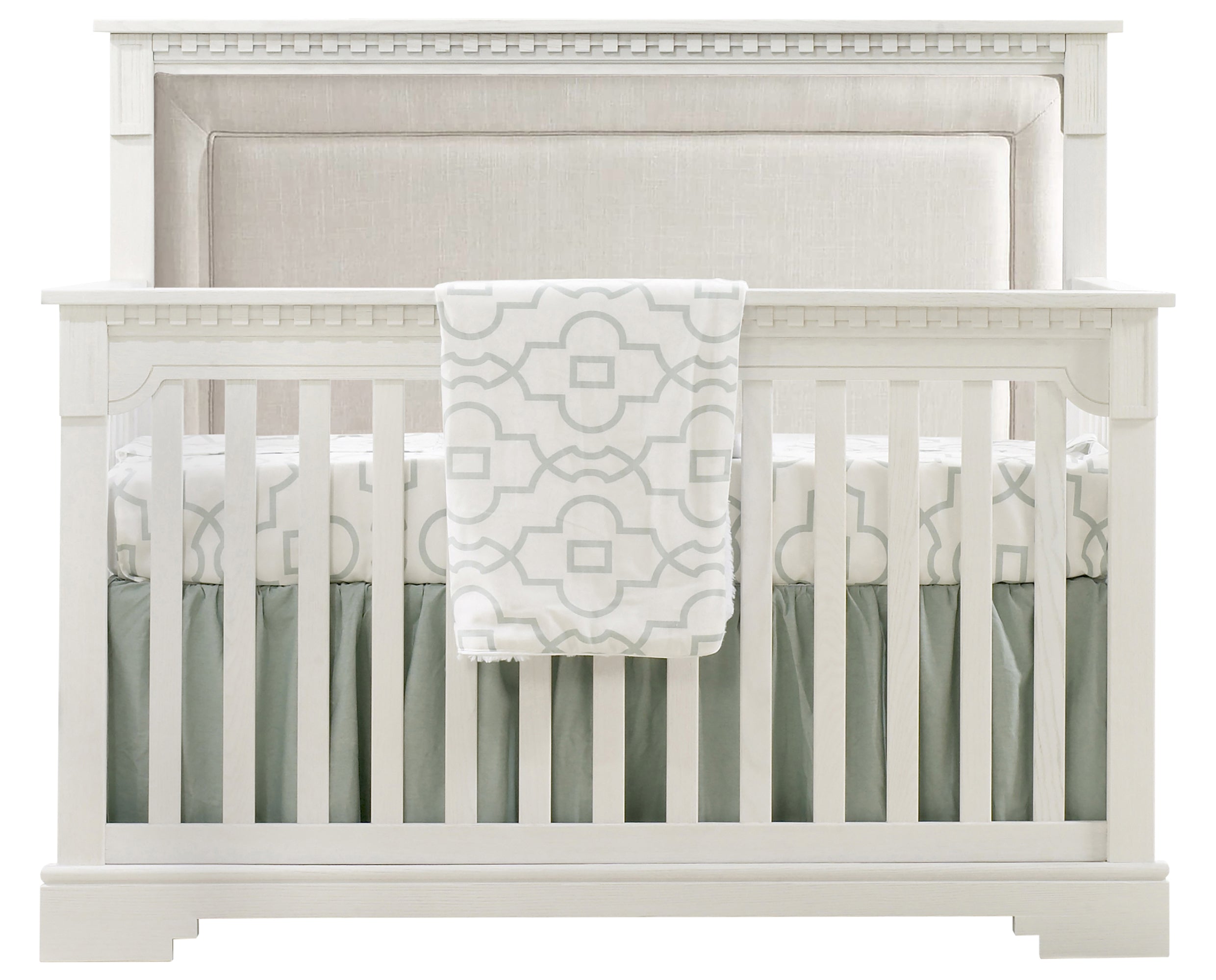 White Brushed Oak with Talc Fabric | Ithaca 5-in-1 Convertible Crib w/Upholstered Headboard Panel | Valley Ridge Furniture