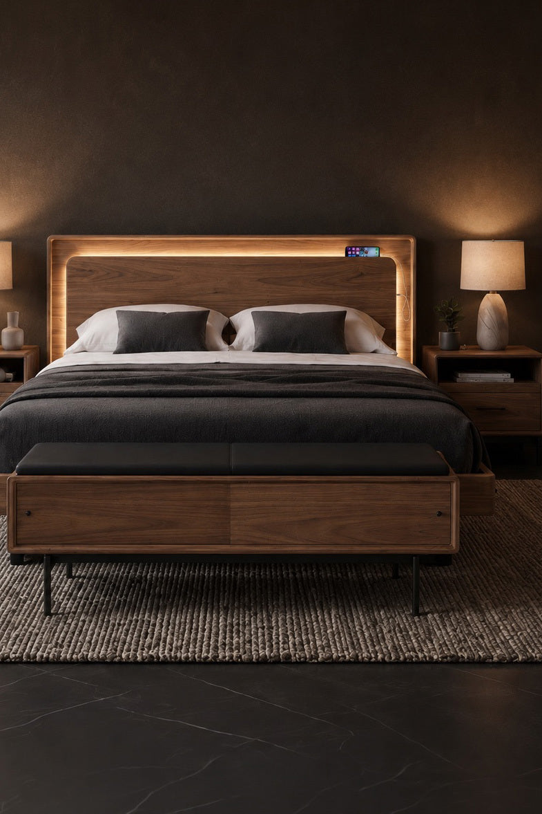 BDi Linq Up-Linq Bed in Natural Walnut, queen, front view at night with a bench, headboard light on