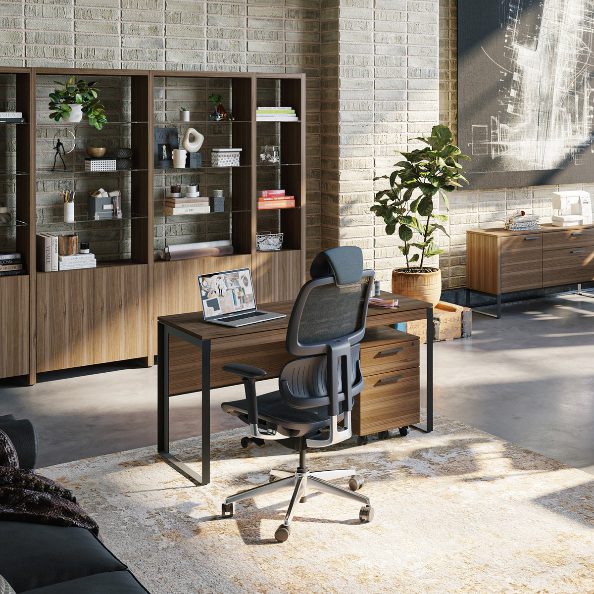 BDi Linea 6221 Desk in Natural Walnut, with a mobile file, in a loft office
