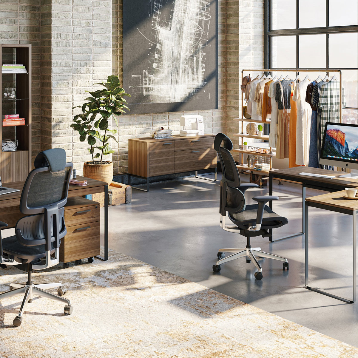 BDi Linea 6220 Multi Function Cabinet in Natural Walnut, in the background of a loft office