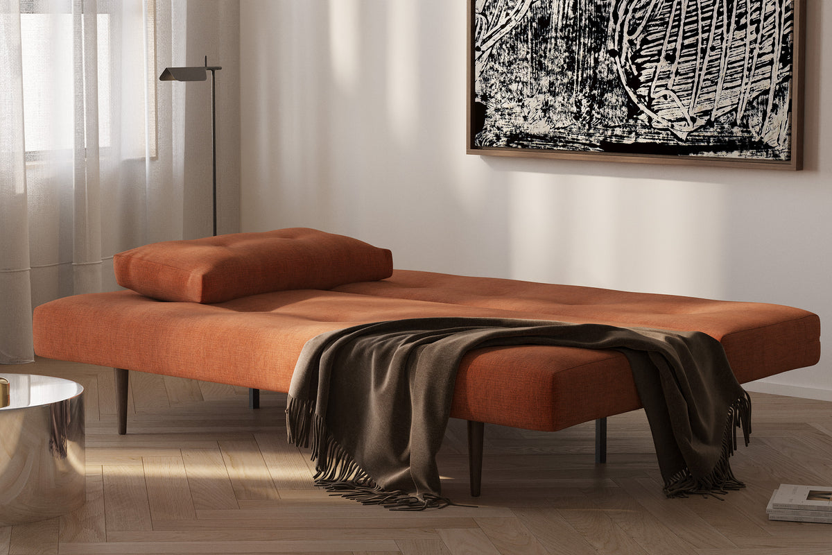Innovation Living Recast Sleeper Sofa Dark Styletto, room setting, shown in 412 Esina Rust Orange all-groups