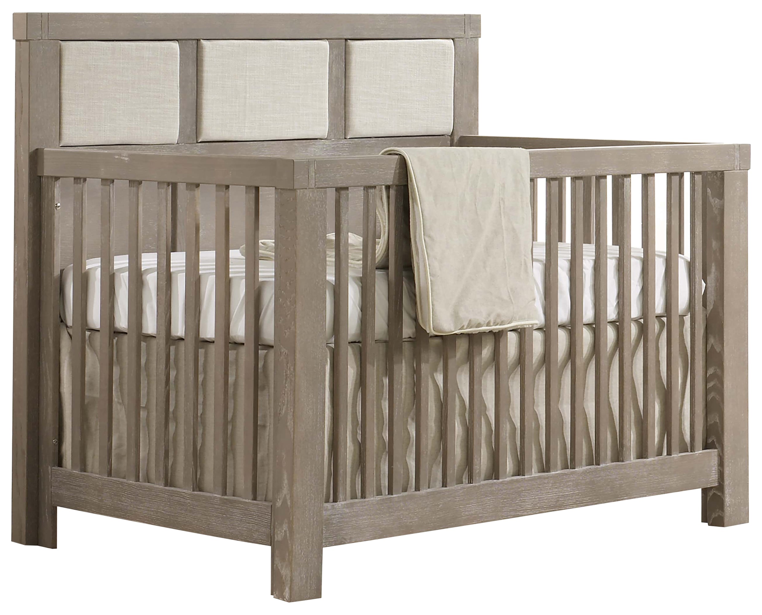 Sugar Cane Brushed Oak with Talc Fabric | Rustico 5-in-1 Convertible Crib w/Upholstered Headboard Panels | Valley Ridge Furniture