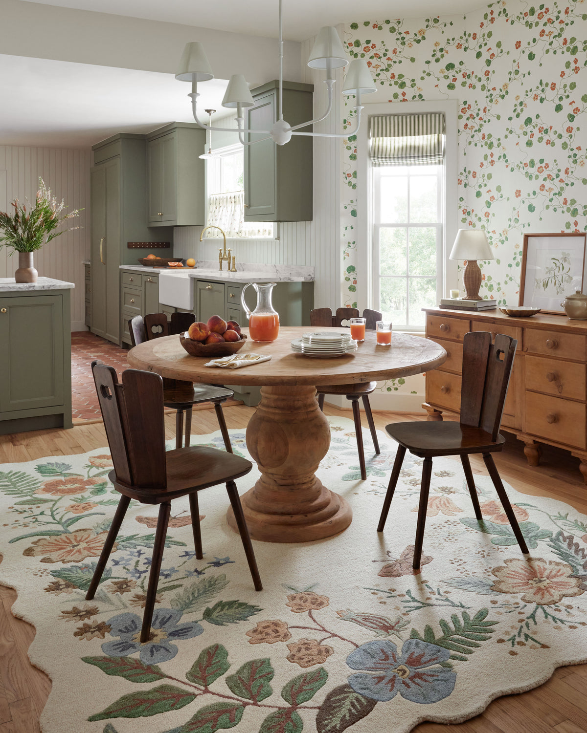 Rifle Paper Co. x Loloi Silhouette Rug 02 in Cream, room setting, under a round dining table