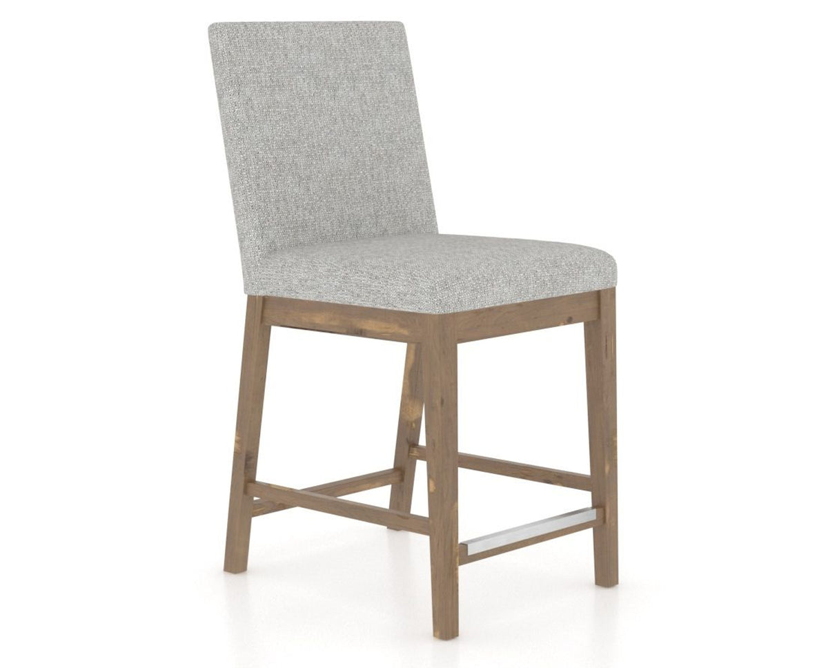 Canadel Champlain Upholstered Counter Stool 8002 in 7C Fabric and 25 Pecan Washed, three-quarter view