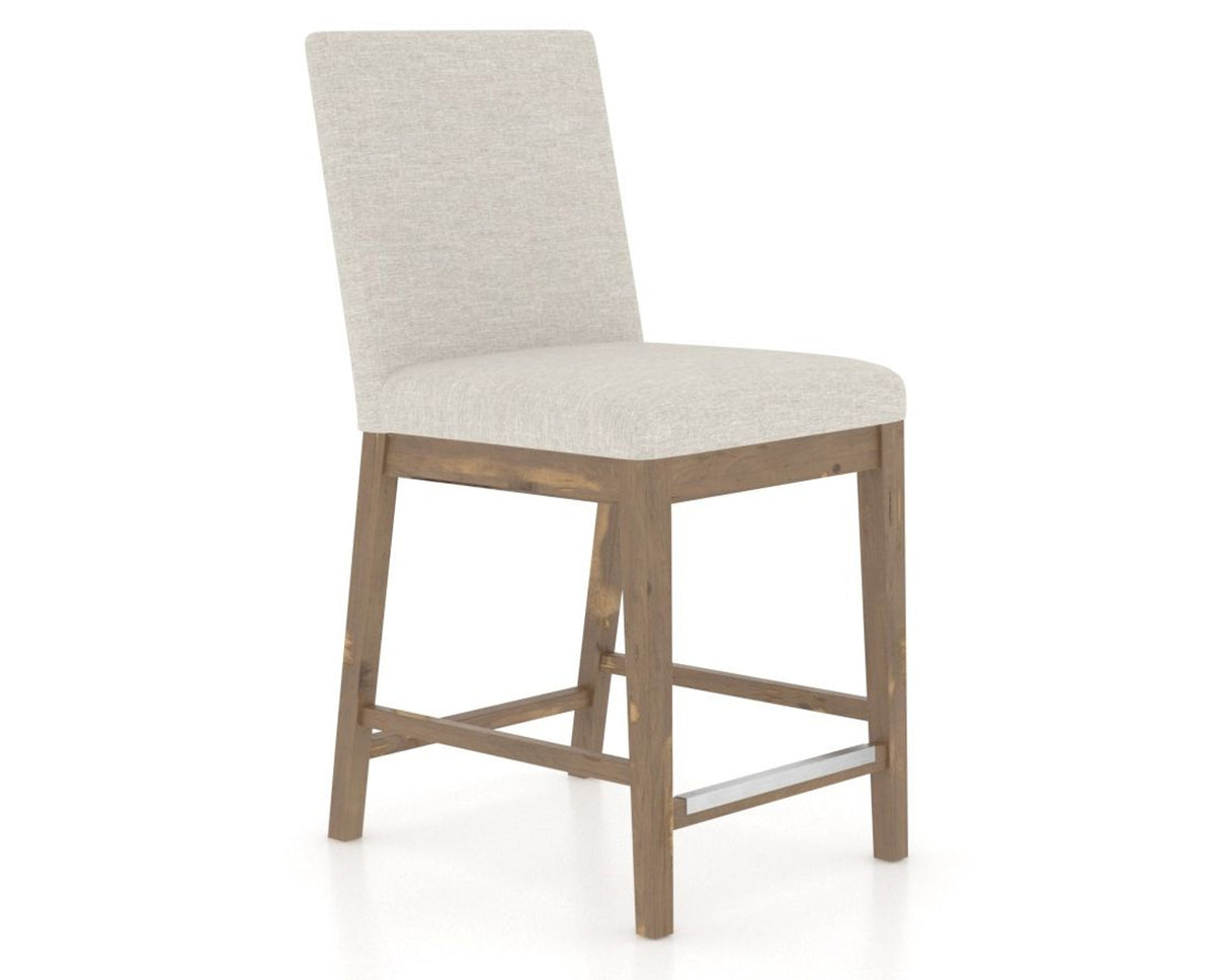 Canadel Champlain Upholstered Counter Stool 8002 in TB Fabric and 25 Pecan Washed, three-quarter view