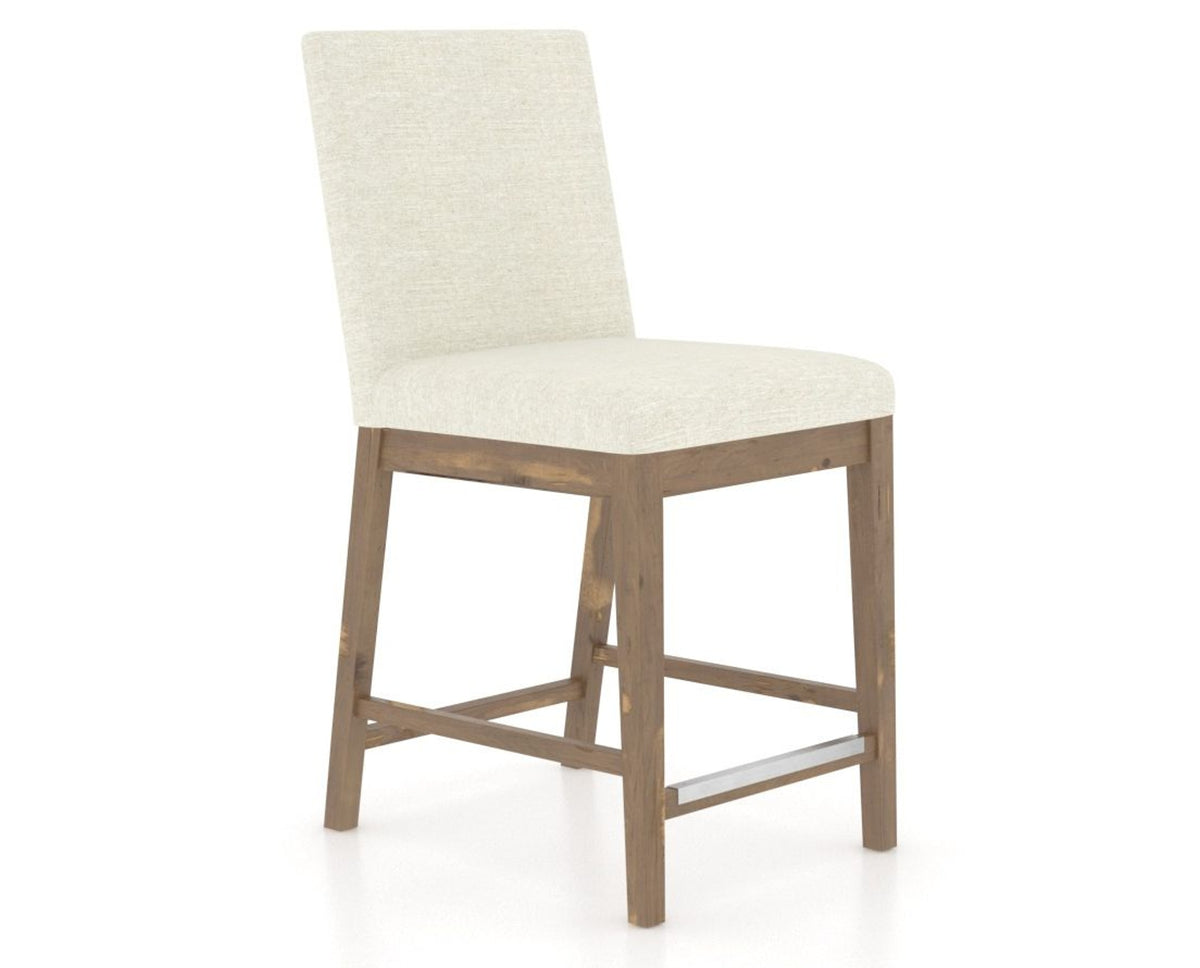 Canadel Champlain Upholstered Counter Stool 8002 in TW Fabric and 25 Pecan Washed, three-quarter view