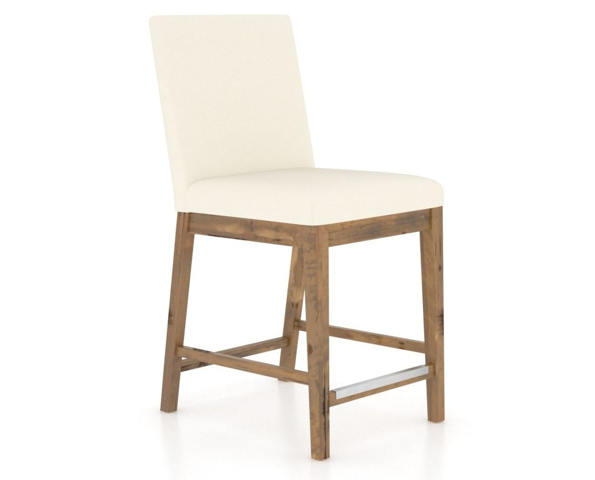 Canadel Champlain Upholstered Counter Stool 8002 in YJ Faux Leather and 03 Oak Washed, three-quarter view