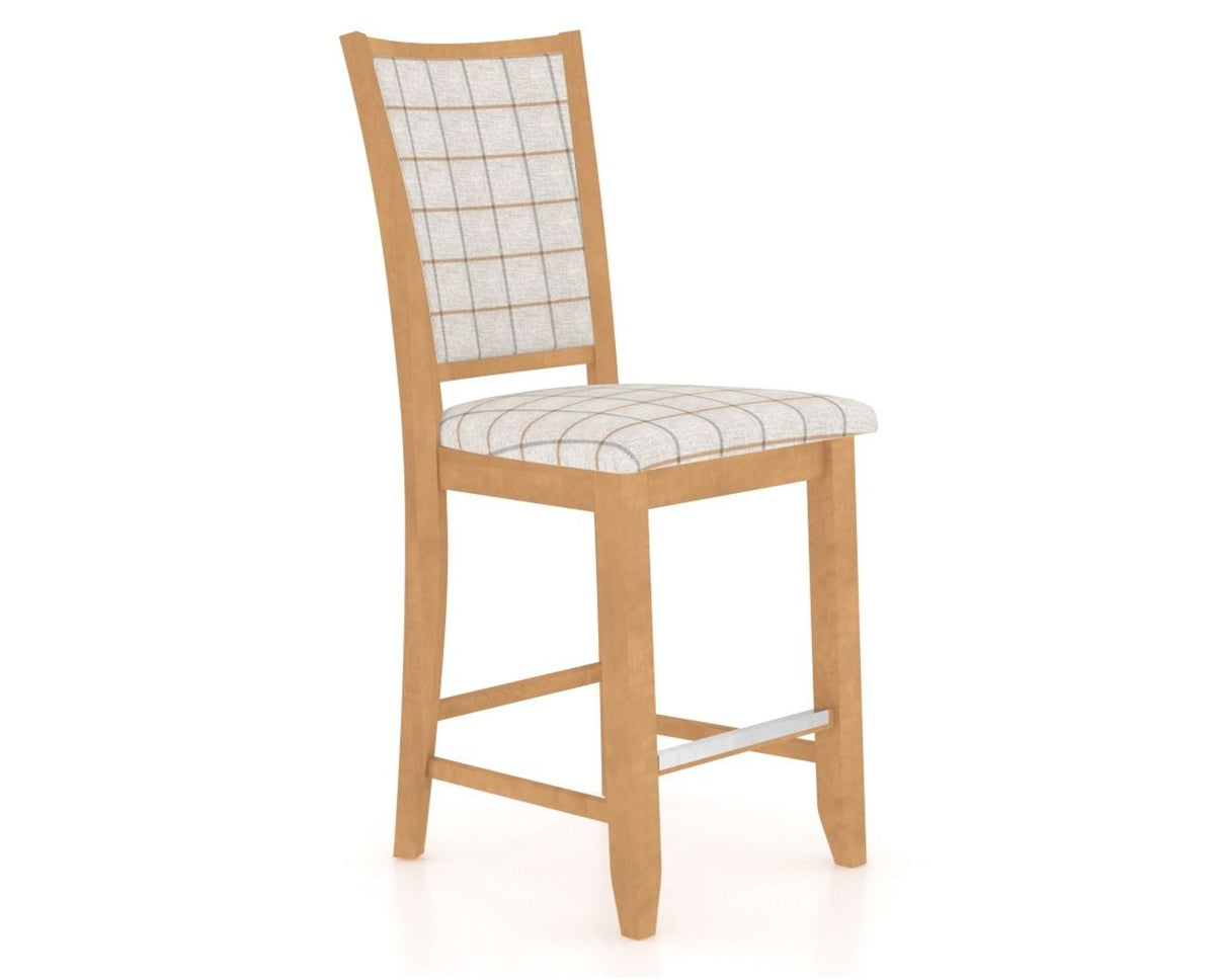 Canadel Upholstered Counter Stool 8003 in OZ Fabric and 20 Caramel Washed and Fixed Base, three-quarter view