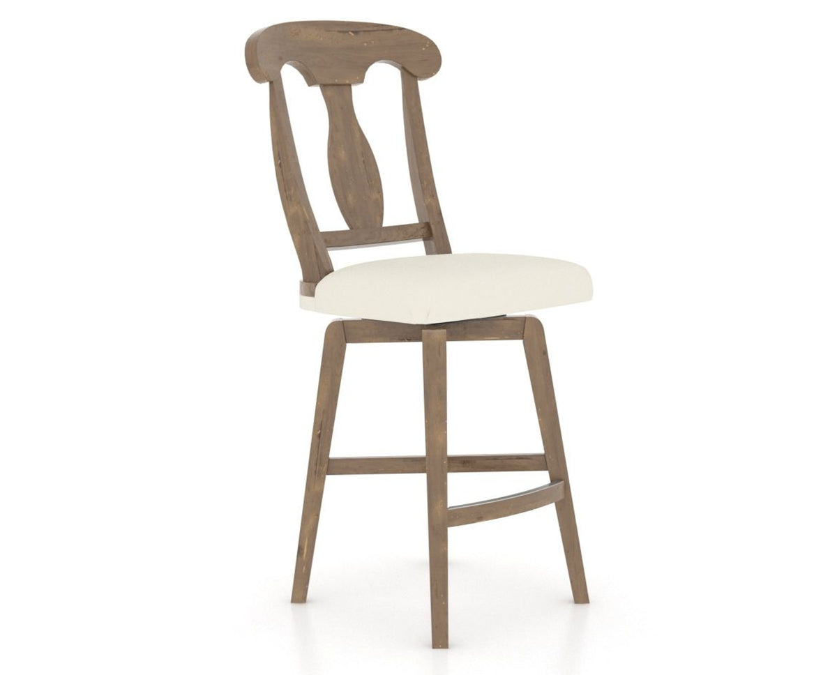 Canadel Champlain Swivel Counter Stool 7600 in YJ Faux Leather and 25 Pecan Washed, three-quarter view