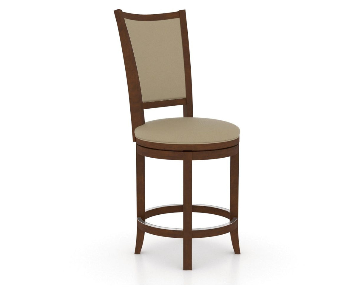 Canadel Upholstered Counter Stool 8003 in XY Faux Leather and 19 Cognac Washed and Swivel Base, three-quarter view