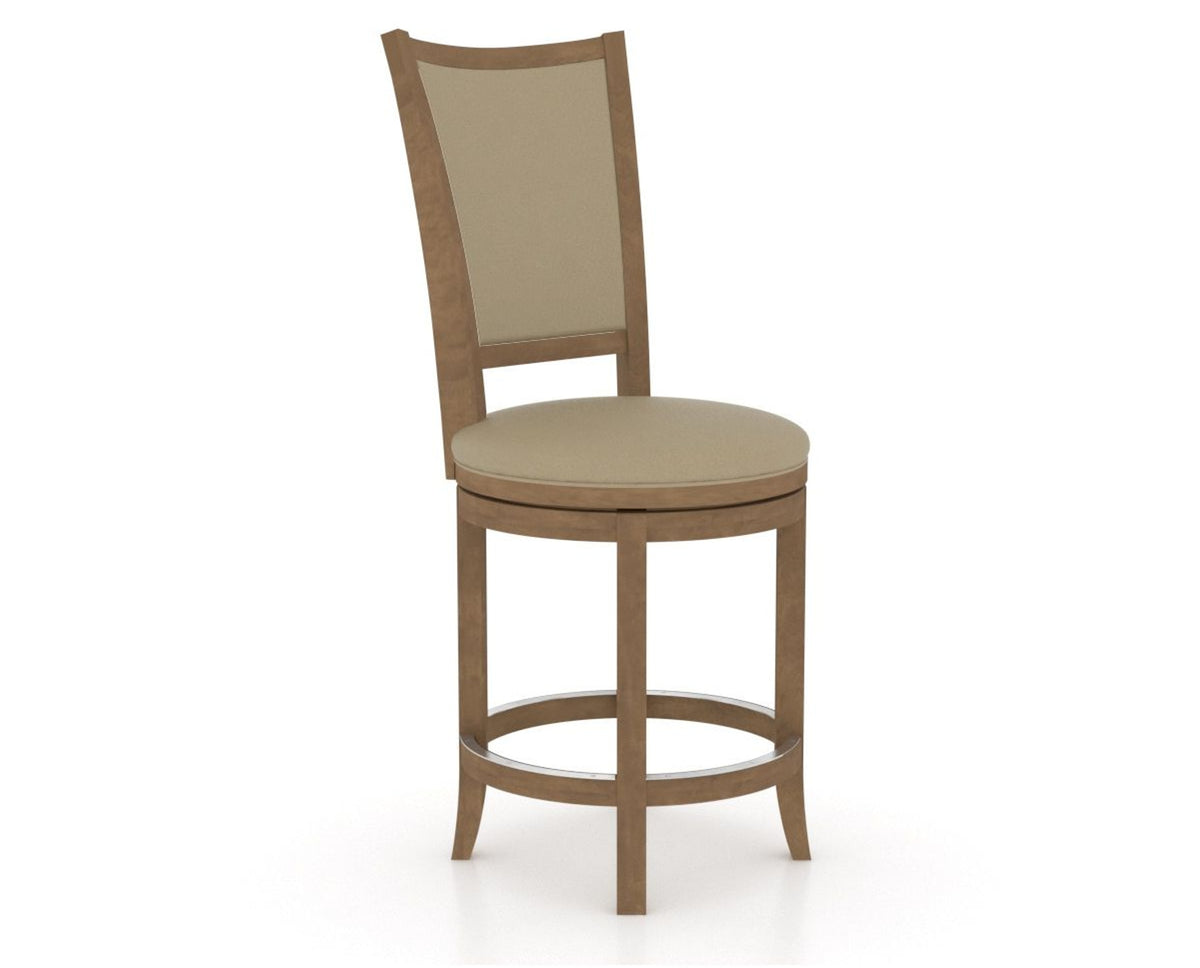 Canadel Upholstered Counter Stool 8003 in XY Faux Leather and 25 Pecan Washed and Swivel Base, three-quarter view