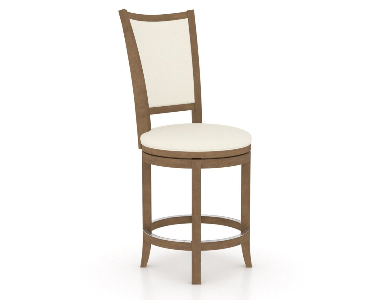 Canadel Upholstered Counter Stool 8003 in YJ Faux Leather and 25 Pecan Washed and Swivel Base, three-quarter view
