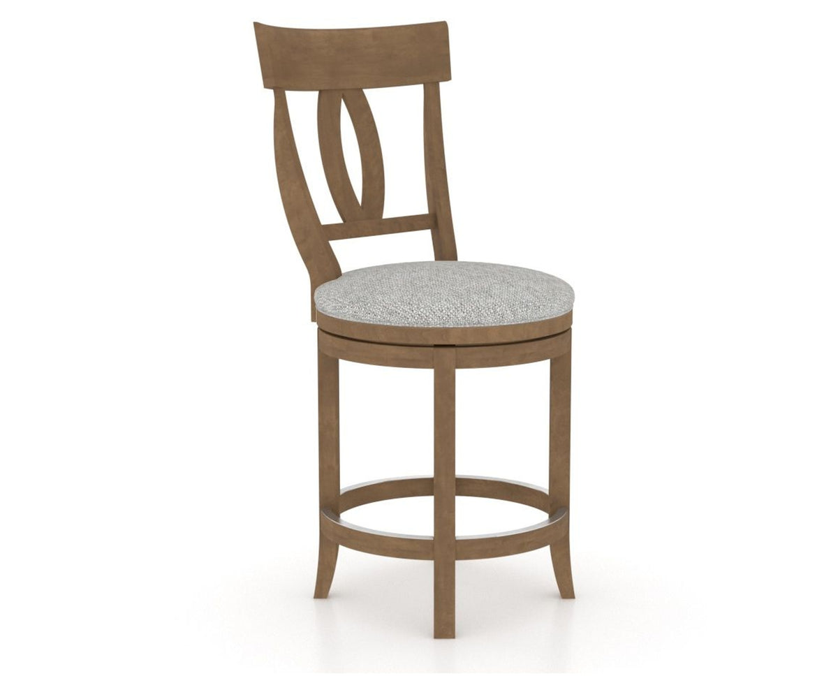Canadel Upholstered Counter Stool 8100 in 7C Fabric and 25 Pecan Washed and Swivel Base, three-quarter view