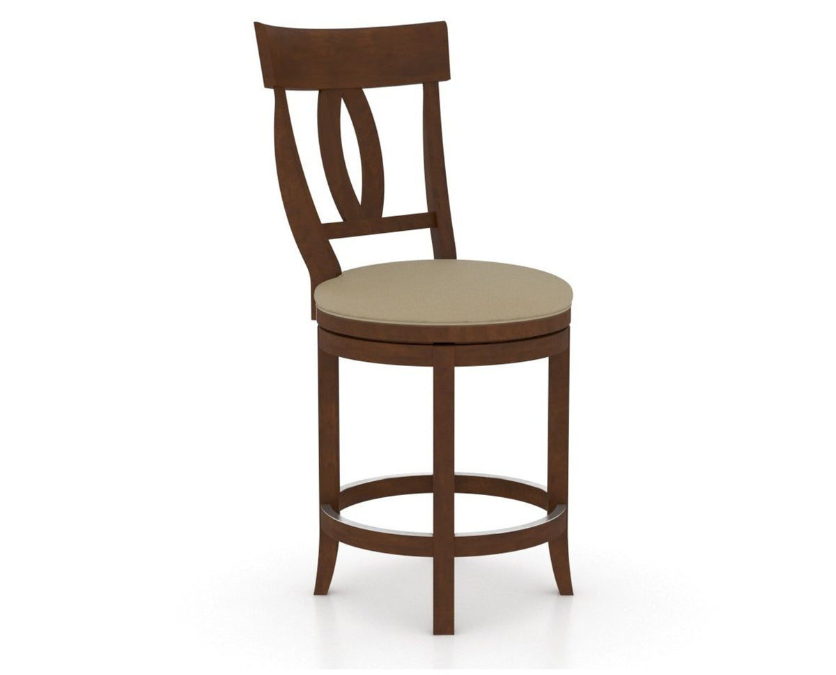 Canadel Upholstered Counter Stool 8100 in XY Faux Leather and 19 Cognac Washed and Swivel Base, three-quarter view