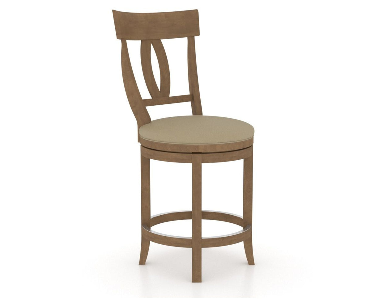 Canadel Upholstered Counter Stool 8100 in XY Faux Leather and 25 Pecan Washed and Swivel Base, three-quarter view