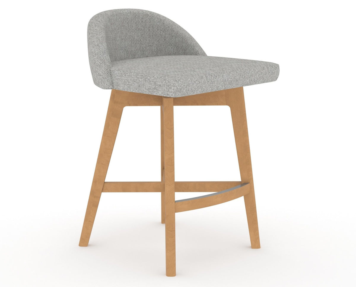 Canadel Downtown Swivel Counter or Bar Stool 8138 in 7C Fabric and 20 Caramel Washed, three-quarter view