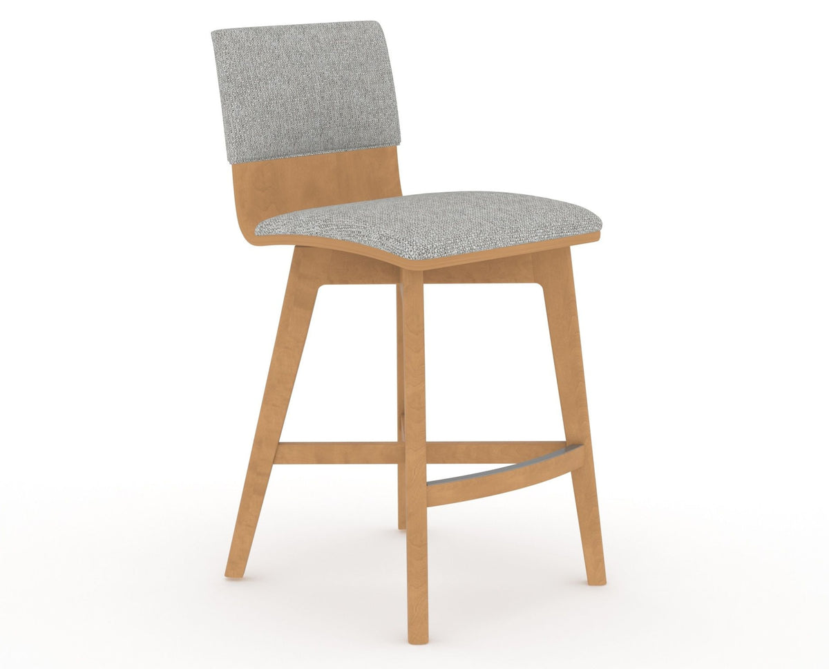 Canadel Downtown Swivel Counter or Bar Stool 8142 in 7C Fabric and 20 Caramel Washed, three-quarter view