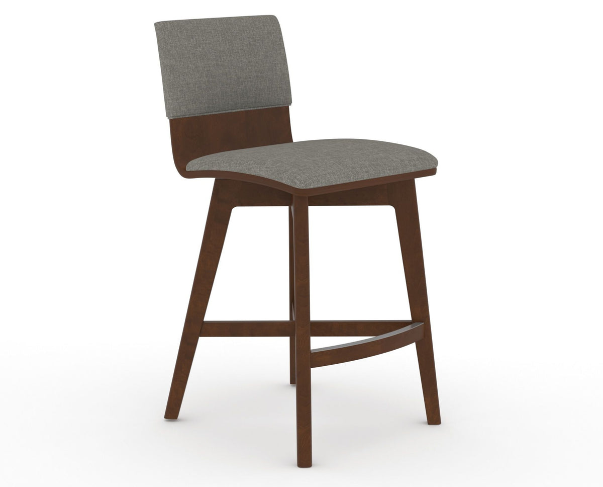 Canadel Downtown Swivel Counter or Bar Stool 8142 in TN Fabric and 19 Cognac Washed, three-quarter view
