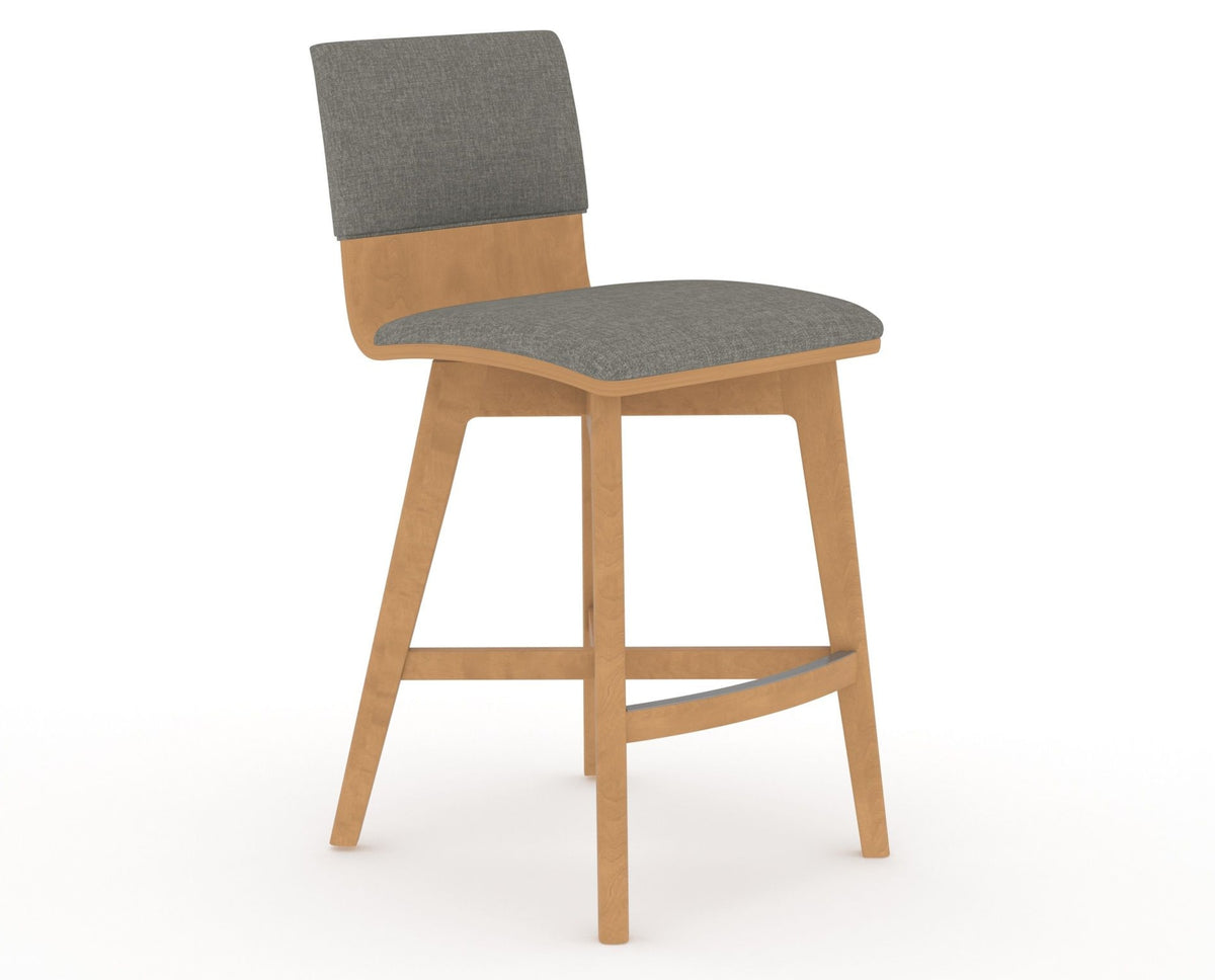 Canadel Downtown Swivel Counter or Bar Stool 8142 in TN Fabric and 20 Caramel Washed, three-quarter view