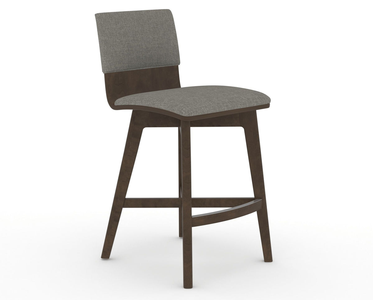 Canadel Downtown Swivel Counter or Bar Stool 8142 in TN Fabric and 29 Hazelnut Washed, three-quarter view