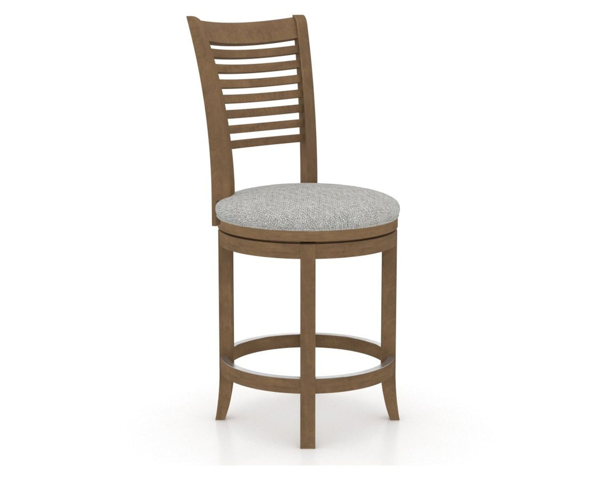Canadel Upholstered Counter Stool 8229 in 7C Fabric and 25 Pecan Washed and Swivel Base, three-quarter view