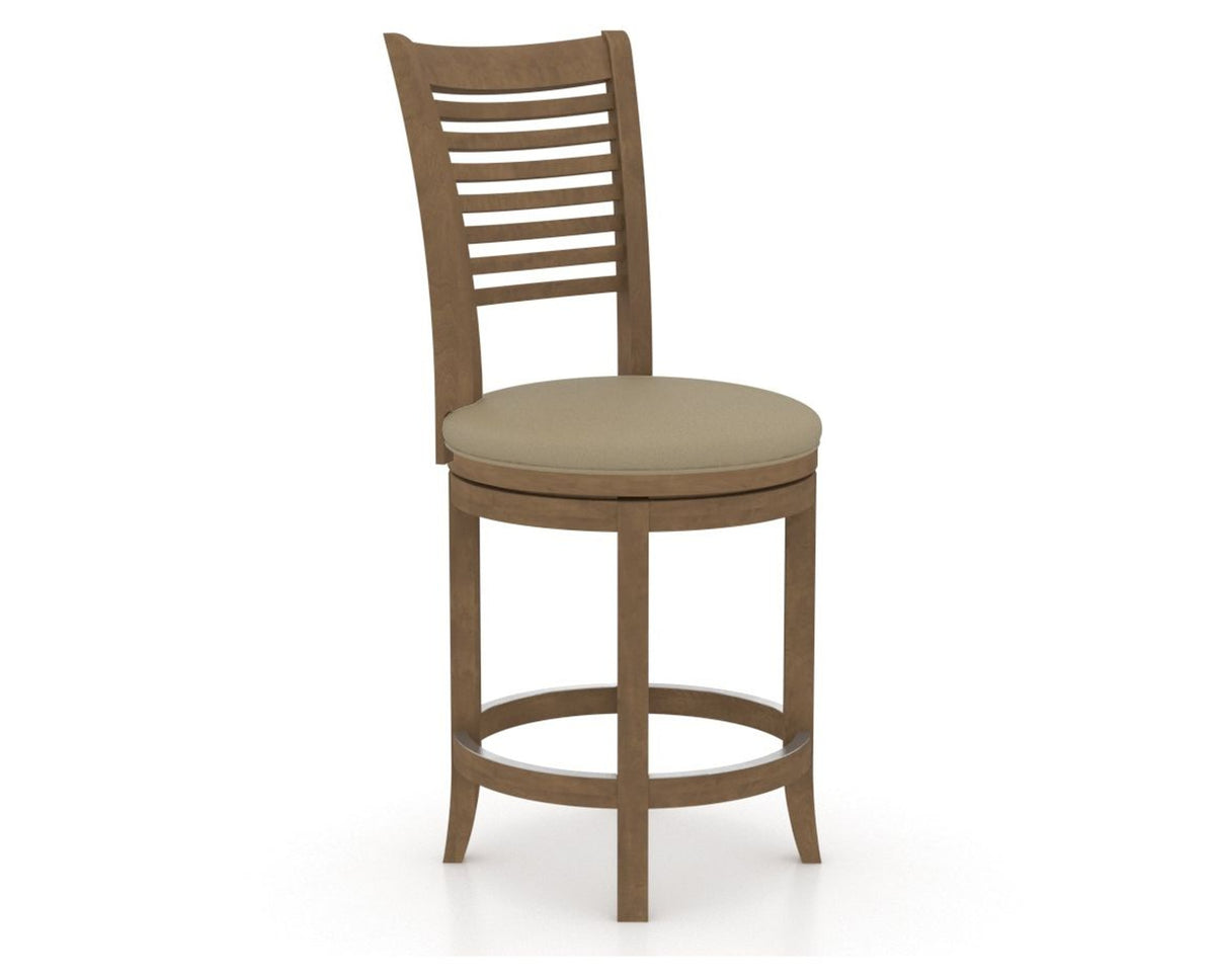 Canadel Upholstered Counter Stool 8229 in XY Faux Leather and 25 Pecan Washed and Swivel Base, three-quarter view