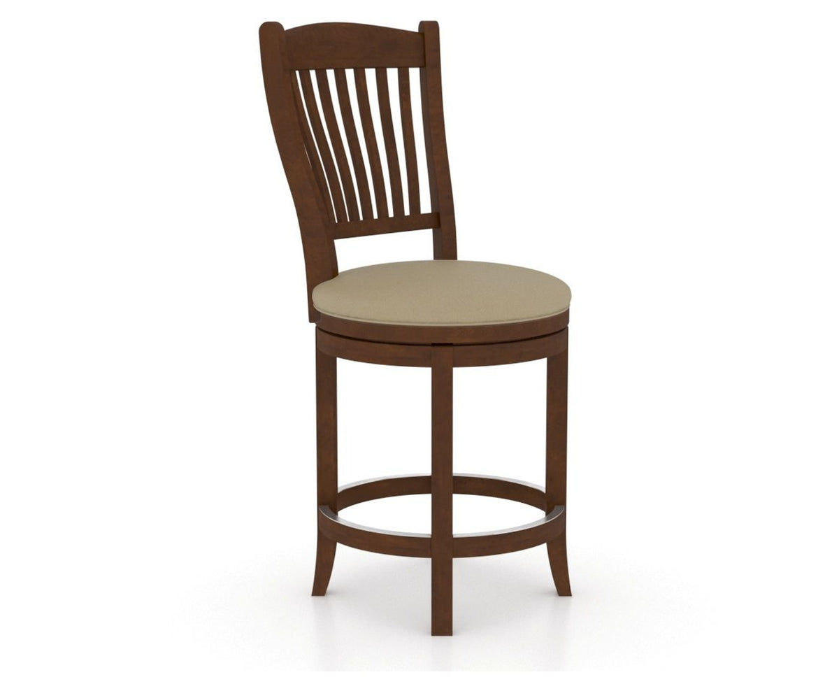 Canadel Upholstered Counter Stool 8232 in XY Faux Leather and 19 Cognac Washed and Swivel Base, three-quarter view