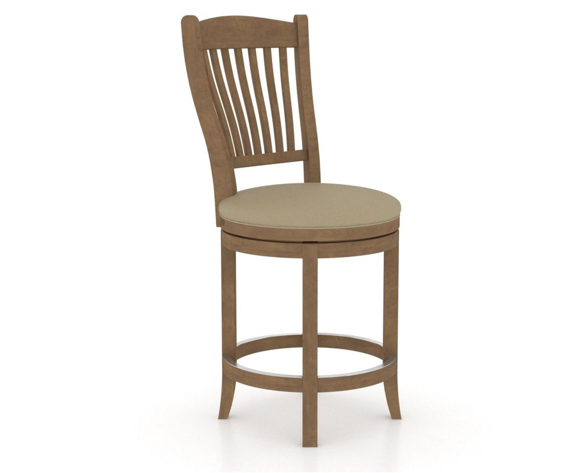 Canadel Upholstered Counter Stool 8232 in XY Faux Leather and 25 Pecan Washed and Swivel Base, three-quarter view