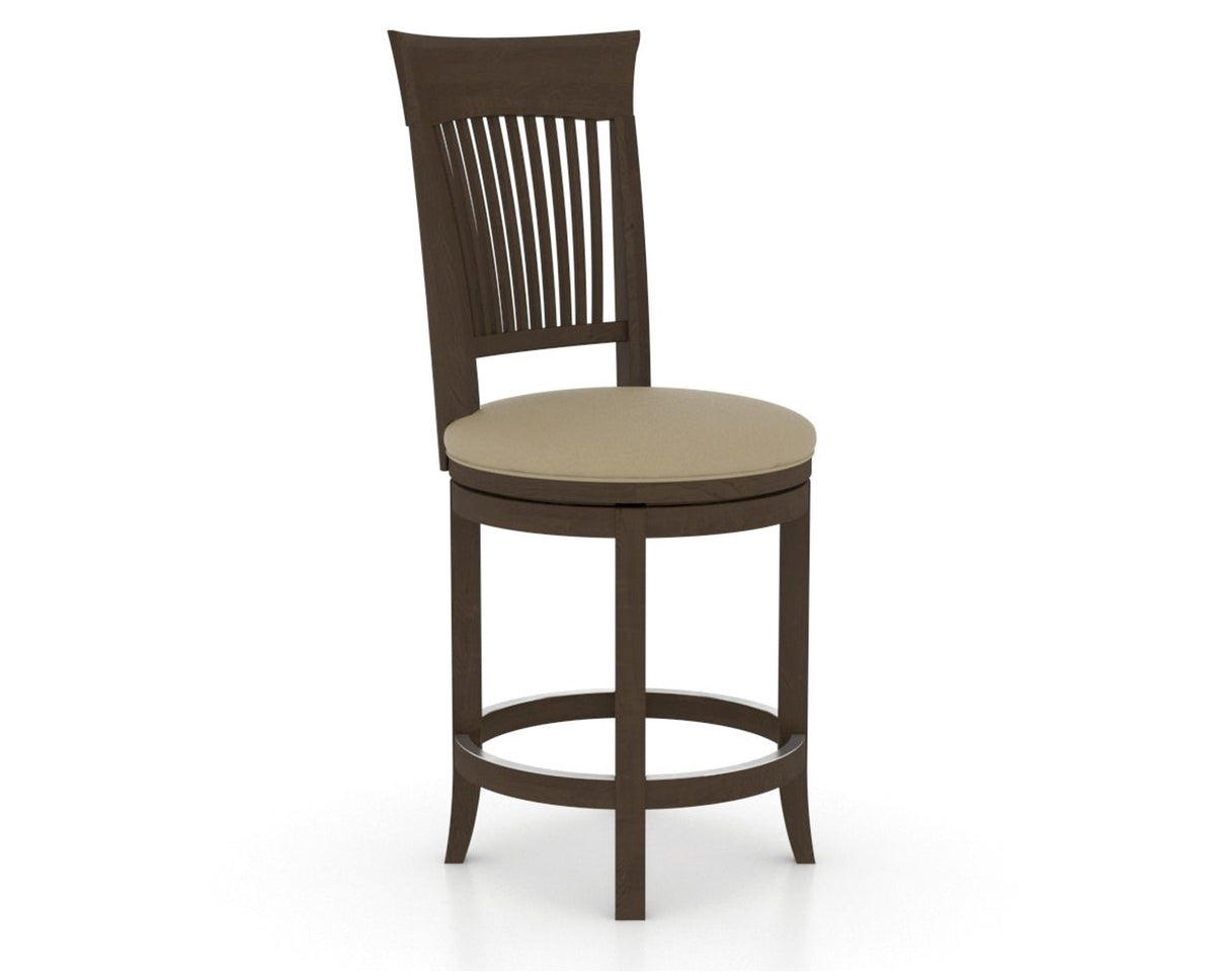 Canadel Upholstered Counter Stool 8270 in XY Faux Leather and 29 Hazelnut Washed and Swivel Base, three-quarter view