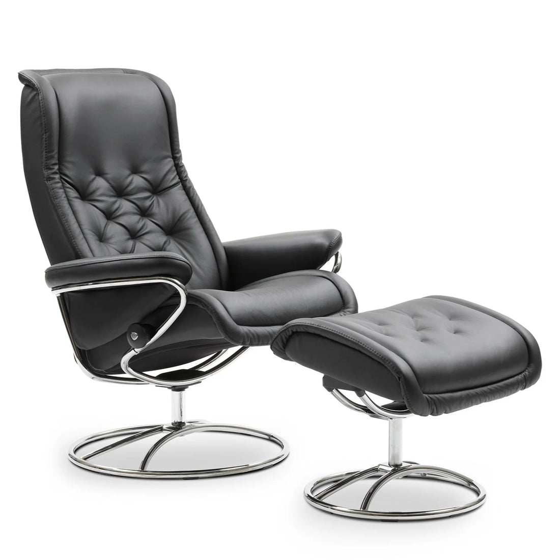 Stressless Royal Recliner Original Base on a polished metal base, angled front view