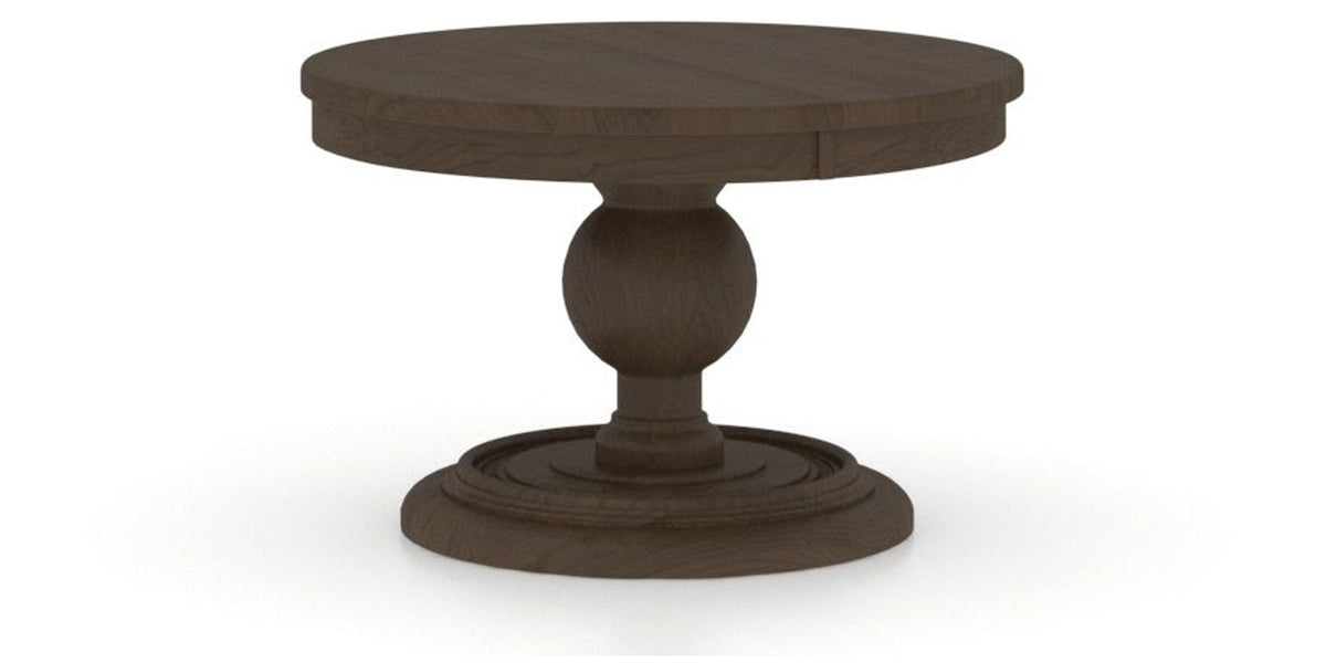 Canadel Round Dining Table 4848 with HQ Base, T Edge in 29 Hazelnut Washed, three-quarter view