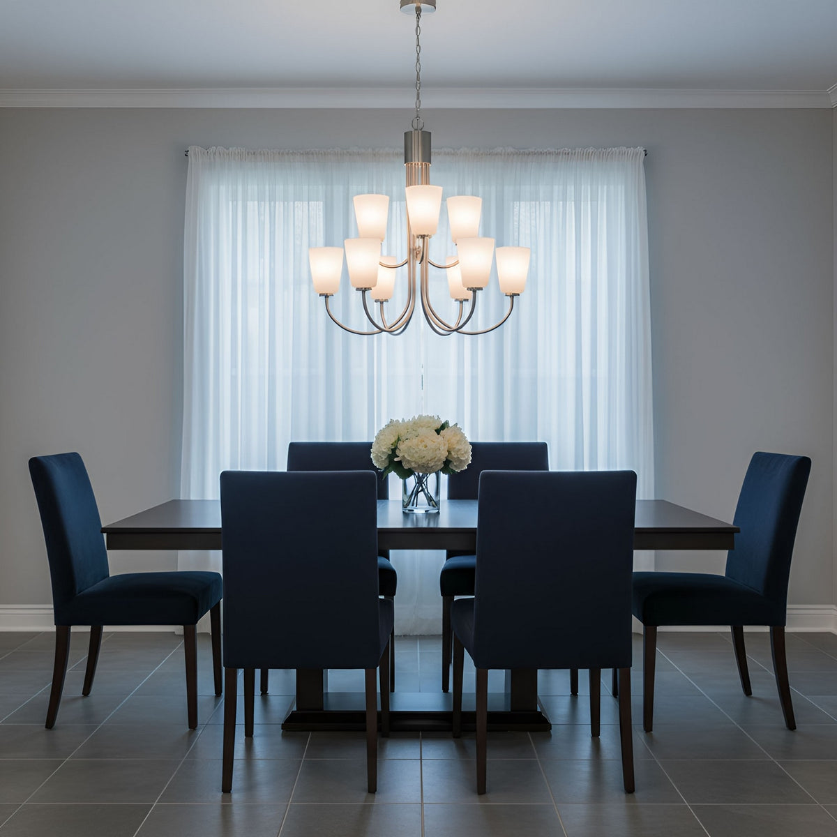Miles Nine Light Chandelier — Etched white