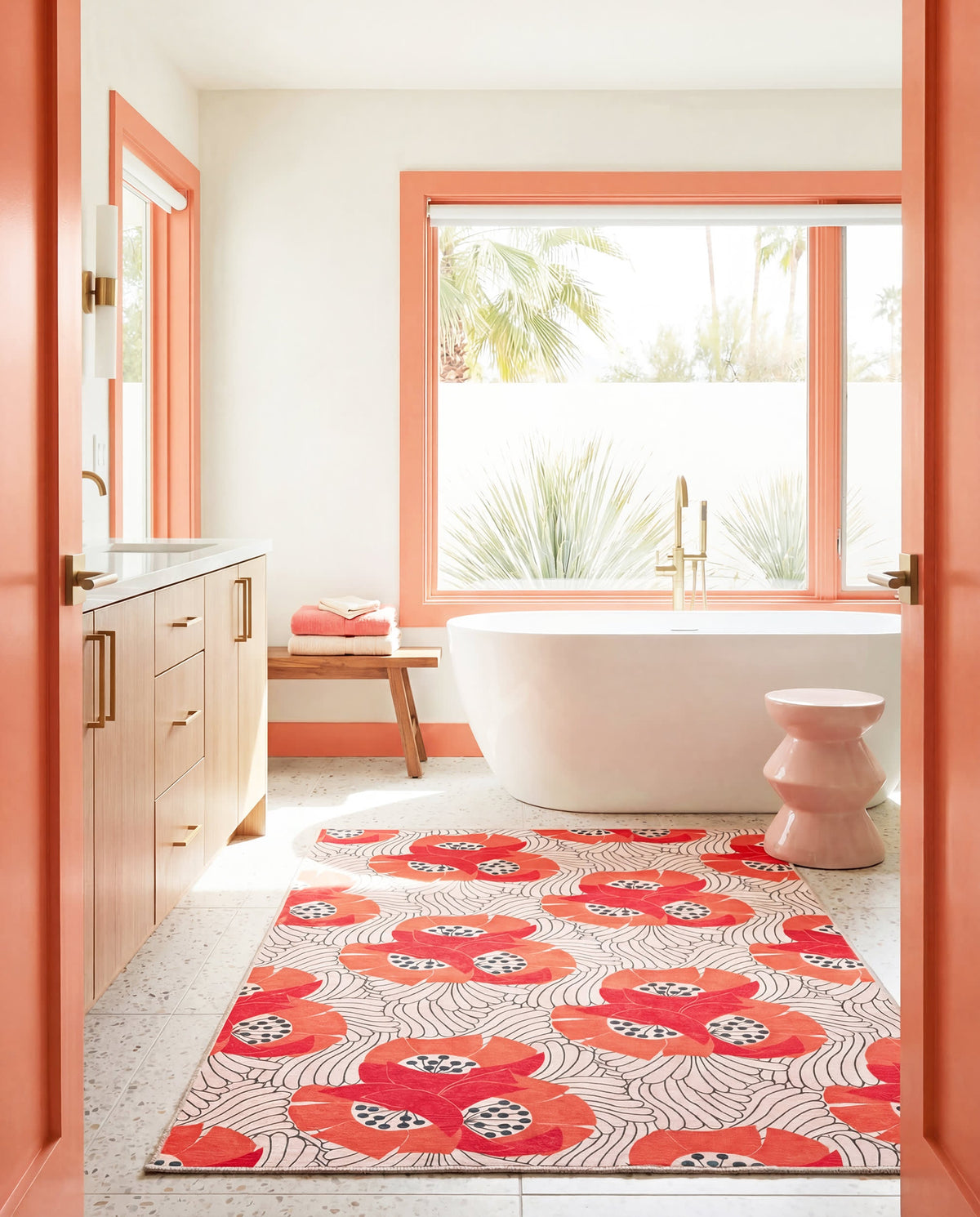 Dash & Albert Japanese Poppy Machine Washable Rug in Multi, bathroom setting