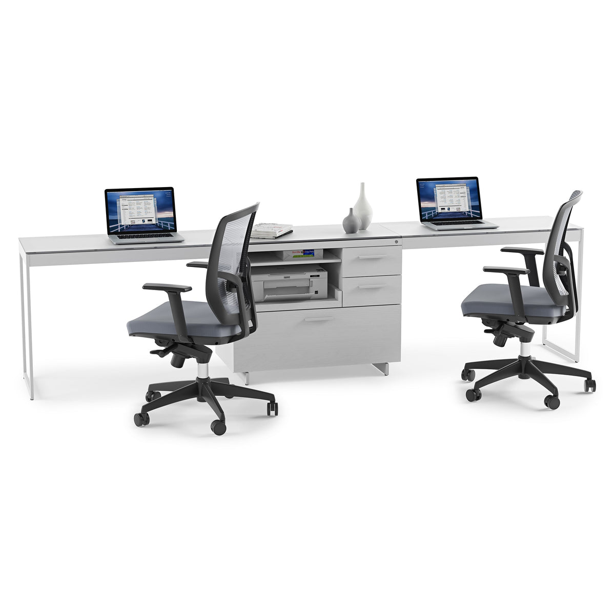 BDi Centro 6417 Multi Function Cabinet in Satin White on Oak with Grey Glass, supporting two desk tops, with two chairs, on white