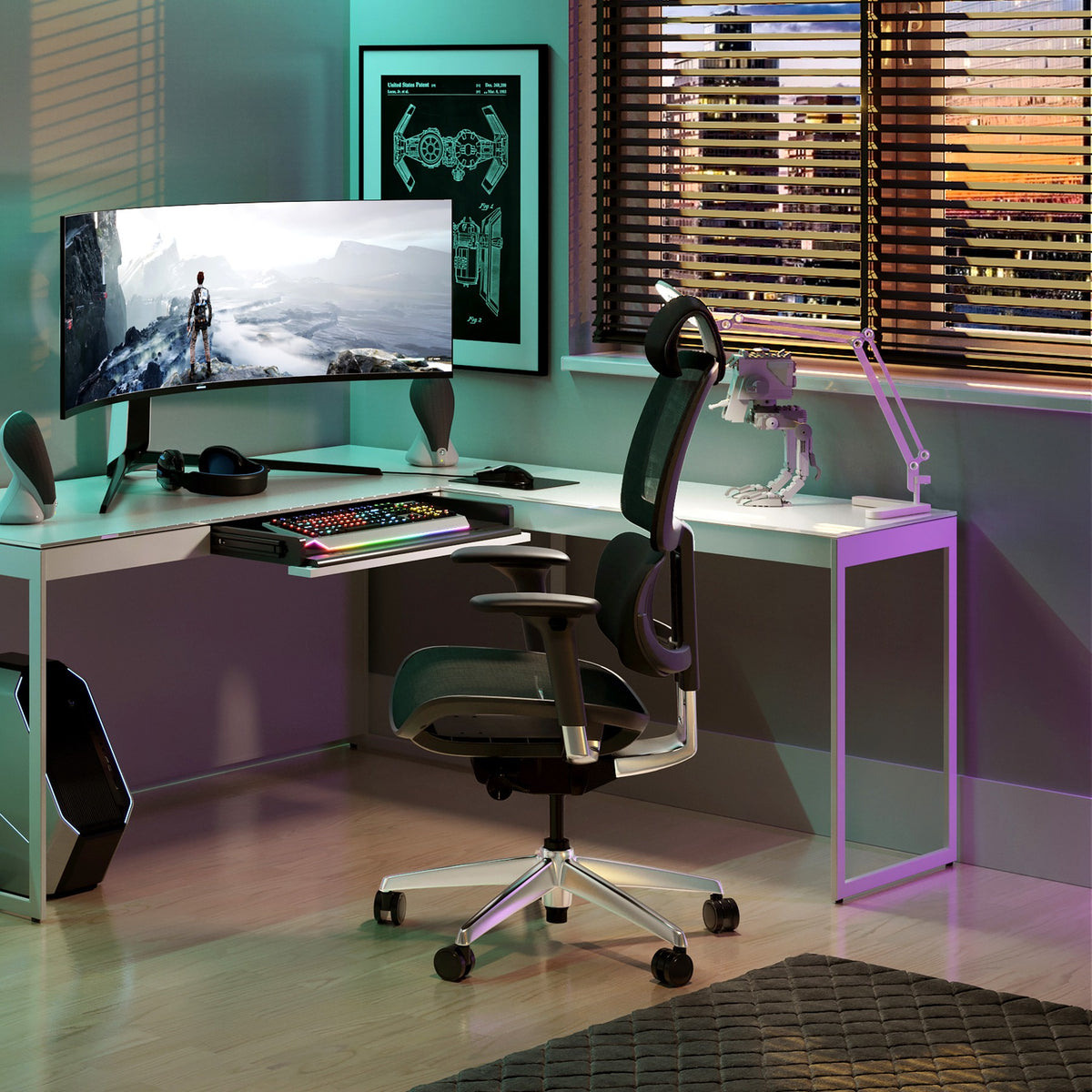 BDi Centro 6402 Desk Extension in Satin White on Oak with Grey Glass, on a multi-function cabinet, in a gaming room with coloured lighting