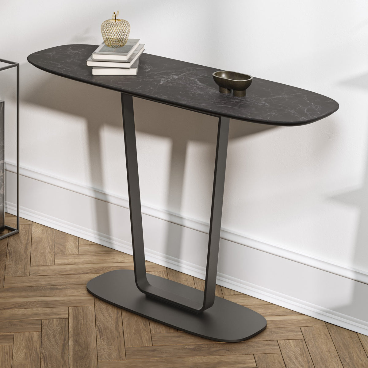 BDi Cloud 9 1183 Console Table in Nimbus Black, angled view in a hallway beside a shelf