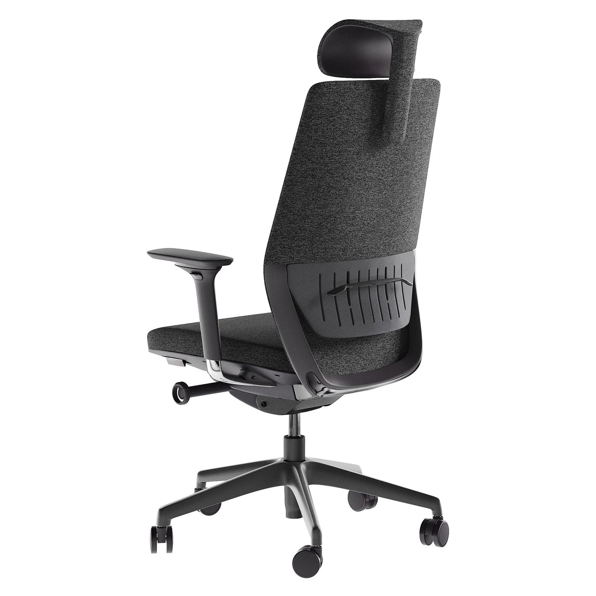 BDi Coda Modern Home Office Task Chair in Black/Grey High Performance Fabric, three-quarter rear view from the right, on white