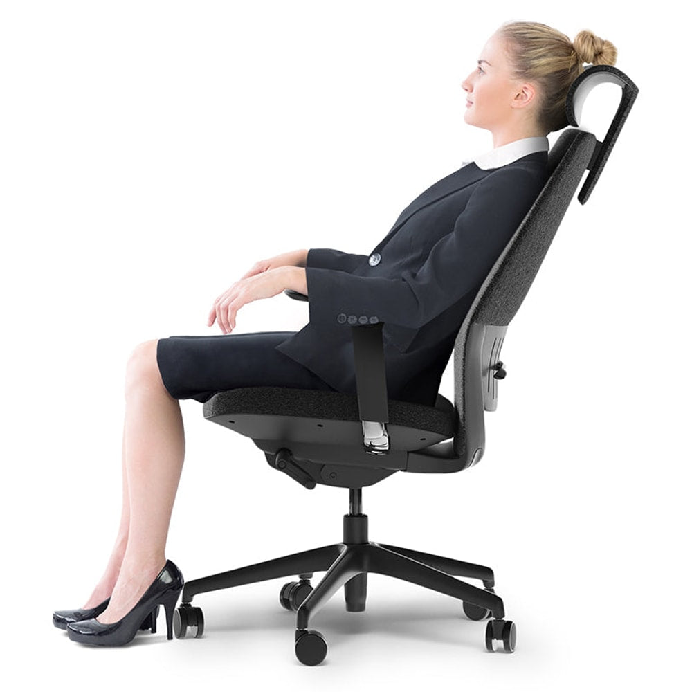 BDi Coda Modern Home Office Task Chair in Black/Grey High Performance Fabric, reclined with a person seated, on white