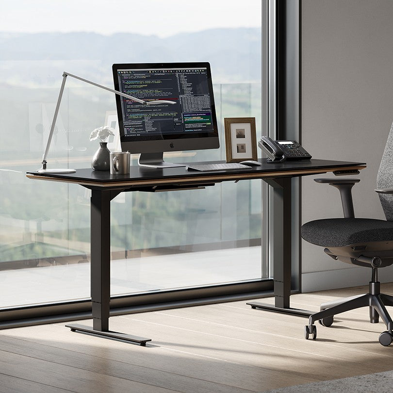 BDi Sequel 20 Sit + Stand Desk in Natural Walnut, with a task chair, in an office by a window