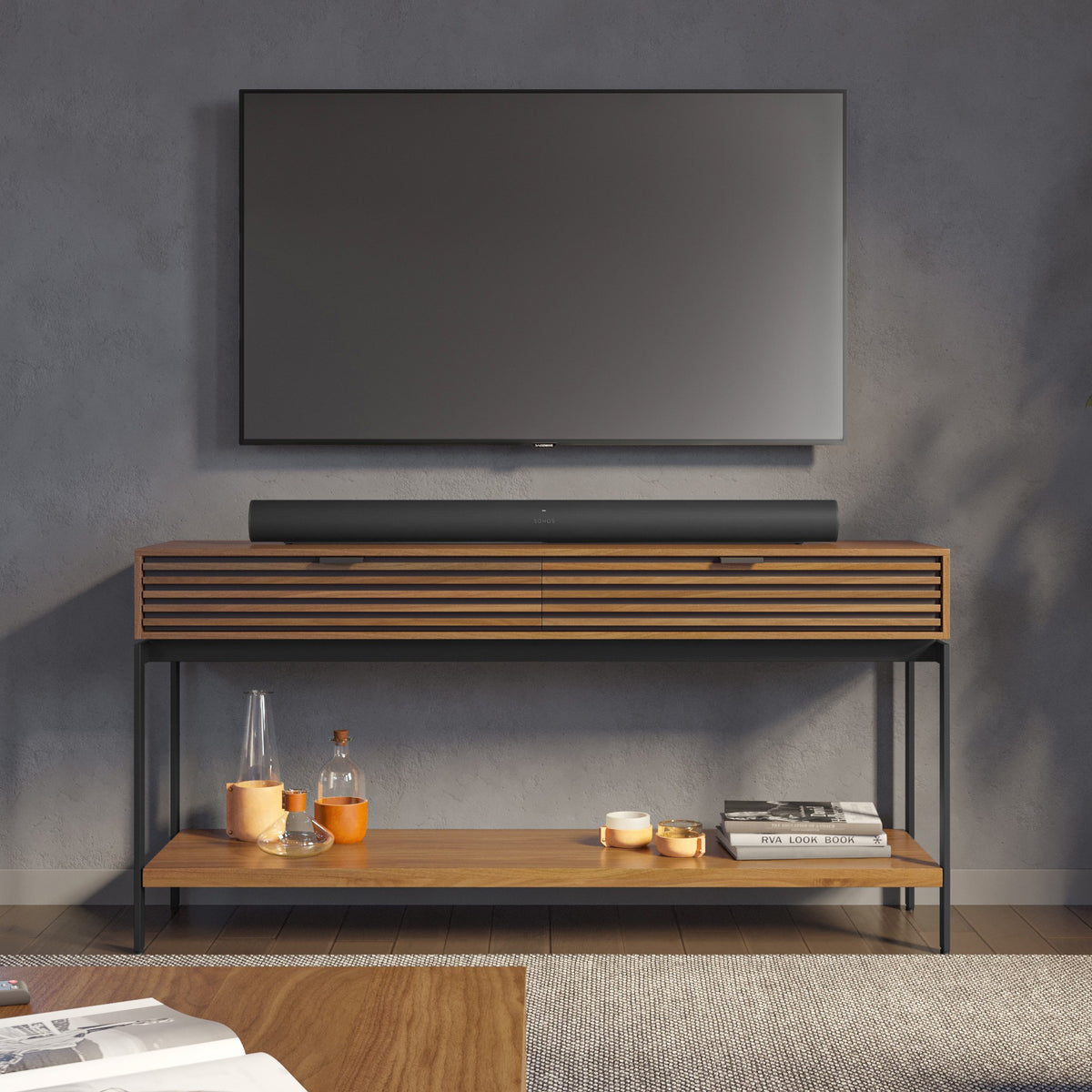 BDi Cora 1173 Console Table in Natural Walnut, as a TV stand in a living room