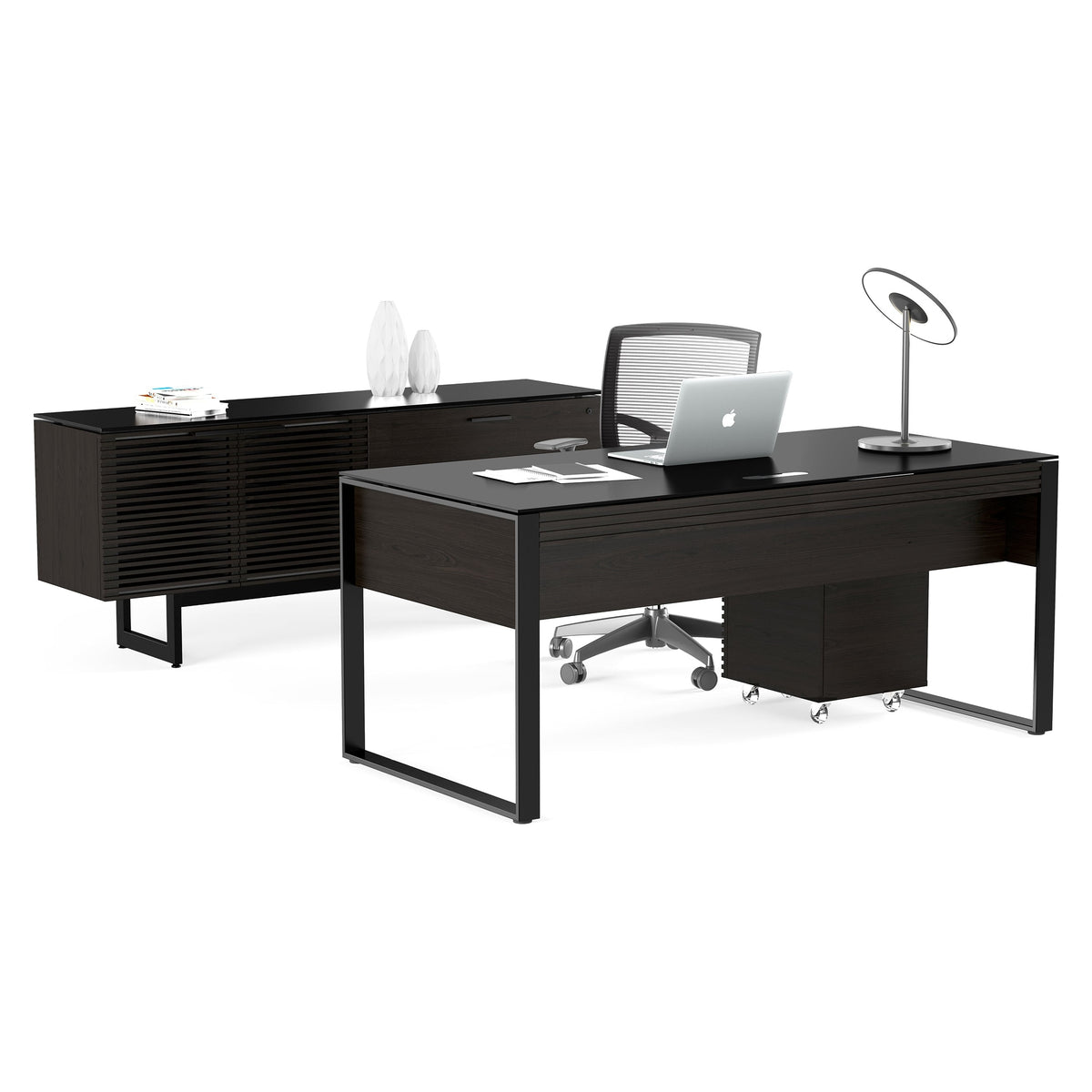 BDi Corridor 6521 Executive Office Desk in Charcoal Stained Ash, back view with the matching credenza, chair and file pedestal, on white