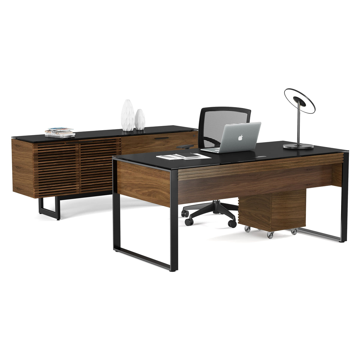 BDi Corridor 6521 Executive Office Desk in Natural Walnut, back view with the matching credenza, chair and file pedestal, on white