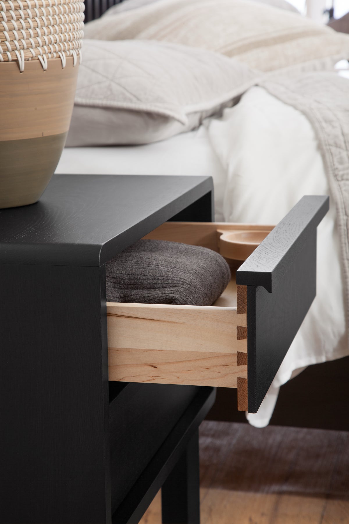 West Bros Corsa Night Table in 46 Noir, drawer detail