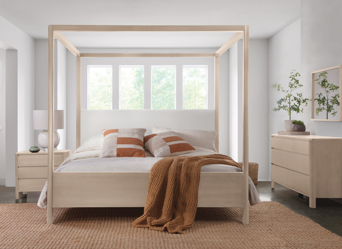 West Bros Curva Poster Bed in 45 Weathered Wood, upholstered headboard, in a room setting