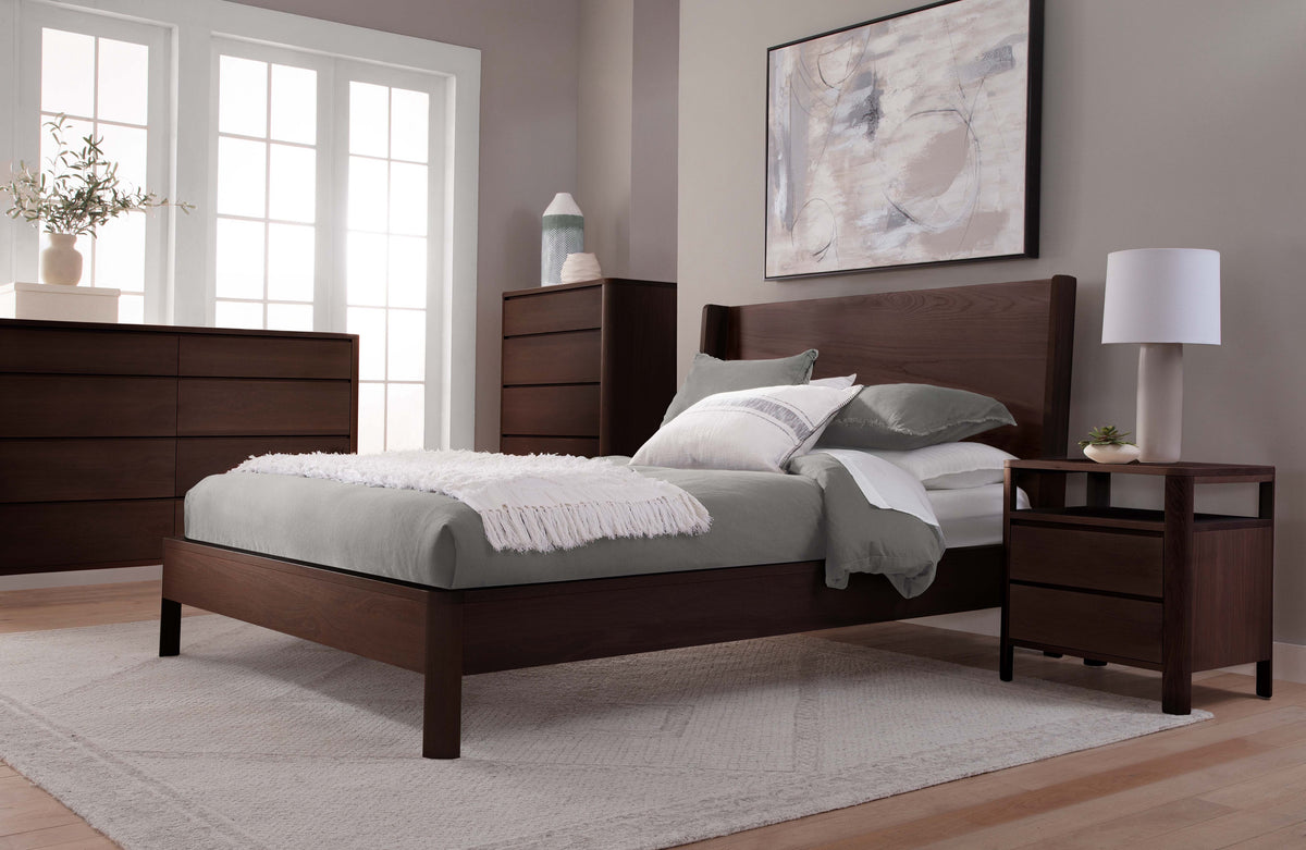 West Bros Curva Shelter Bed in 22 Mocha, wood headboard, in a room setting