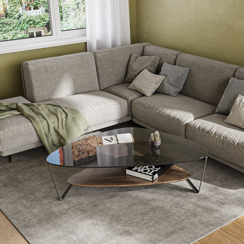 BDi Dino Coffee Table in Natural Walnut, large, with the matching end table in a living room